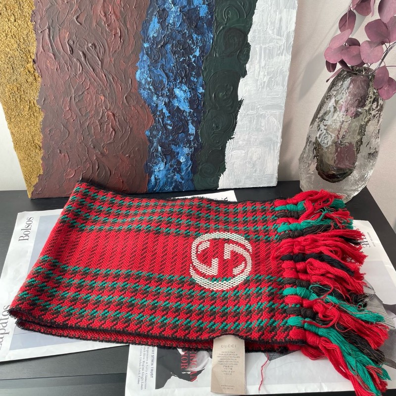 Gucci 圍巾 648955 千鳥格 紅綠 互扣式雙G-2