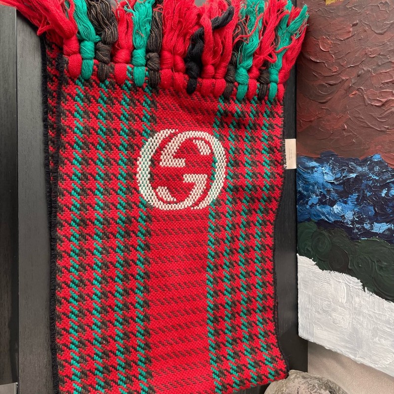 Gucci 圍巾 648955 千鳥格 紅綠 互扣式雙G-3