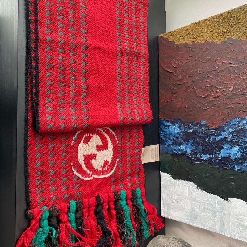 Gucci 圍巾 648955 千鳥格 紅綠 互扣式雙G-5