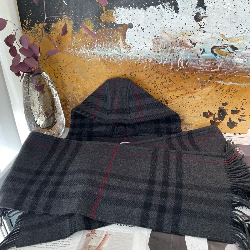 Burberry博柏利 格紋連帽 羊絨/山羊絨 圍巾 斗篷 男女同款 經典灰黑格子-1