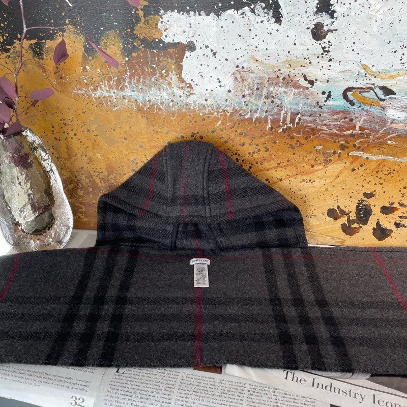 Burberry博柏利 格紋連帽 羊絨/山羊絨 圍巾 斗篷 男女同款 經典灰黑格子-3