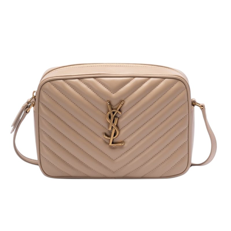 【YSL】SAINT LAURENT Lou Camera V紋 絎縫皮革 金釦 相機袋 肩背包 斜背包 深米色 761554-0