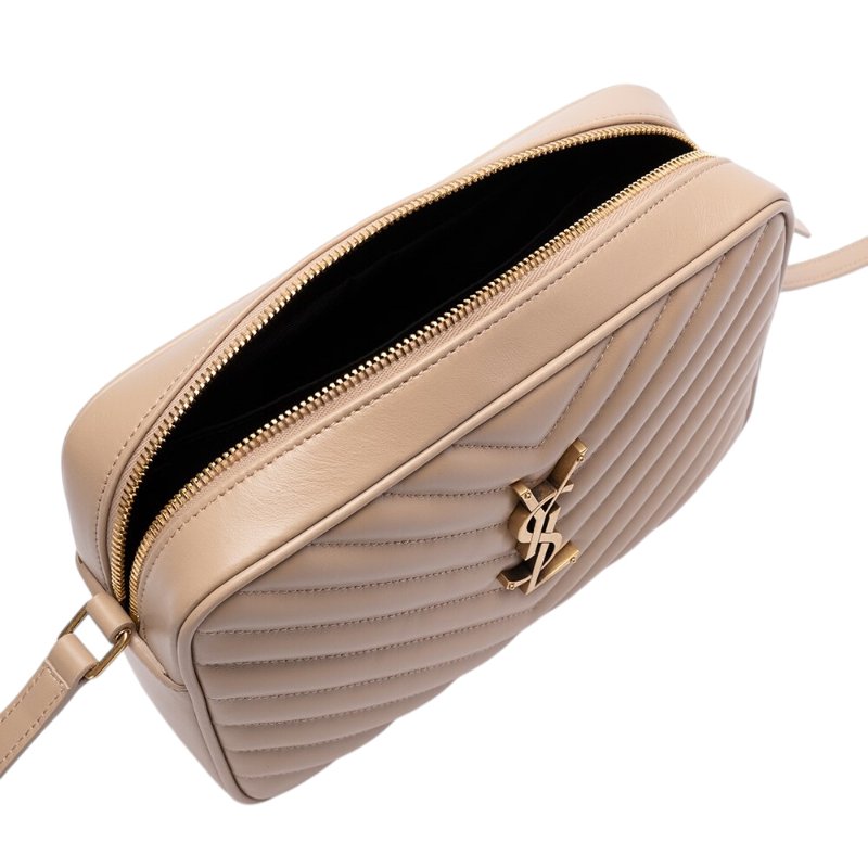 【YSL】SAINT LAURENT Lou Camera V紋 絎縫皮革 金釦 相機袋 肩背包 斜背包 深米色 761554-3