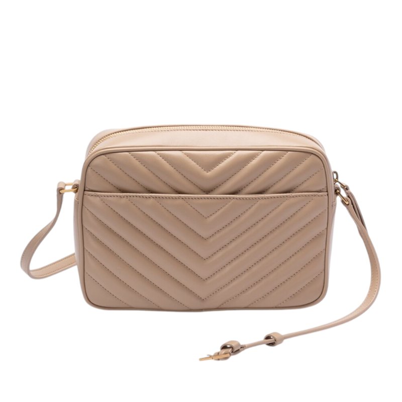 【YSL】SAINT LAURENT Lou Camera V紋 絎縫皮革 金釦 相機袋 肩背包 斜背包 深米色 761554-4