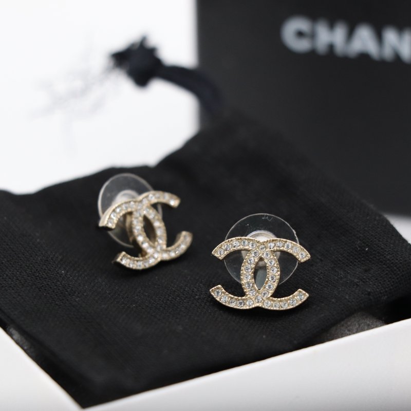 Chanel 香奈兒 經典 CC Logo 水鑽 淡金色 耳環-1