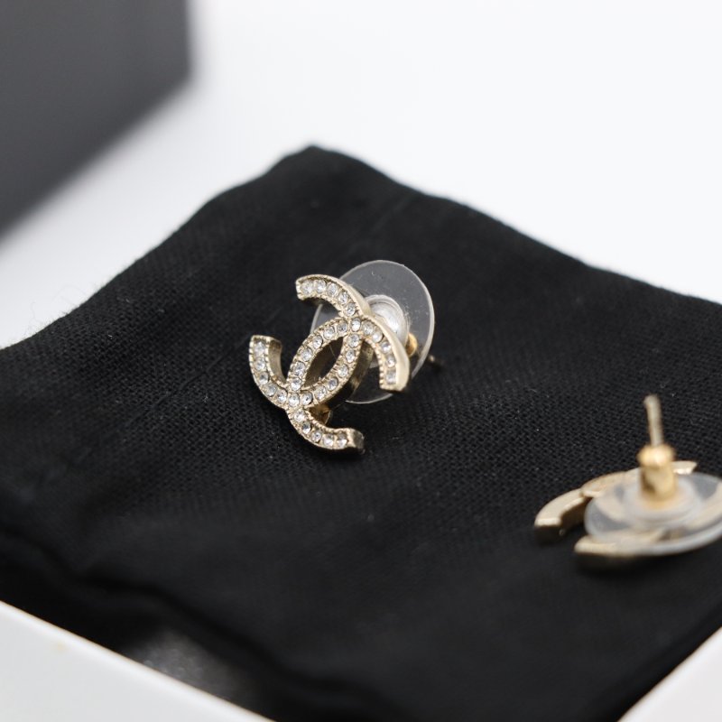 Chanel 香奈兒 經典 CC Logo 水鑽 淡金色 耳環-2