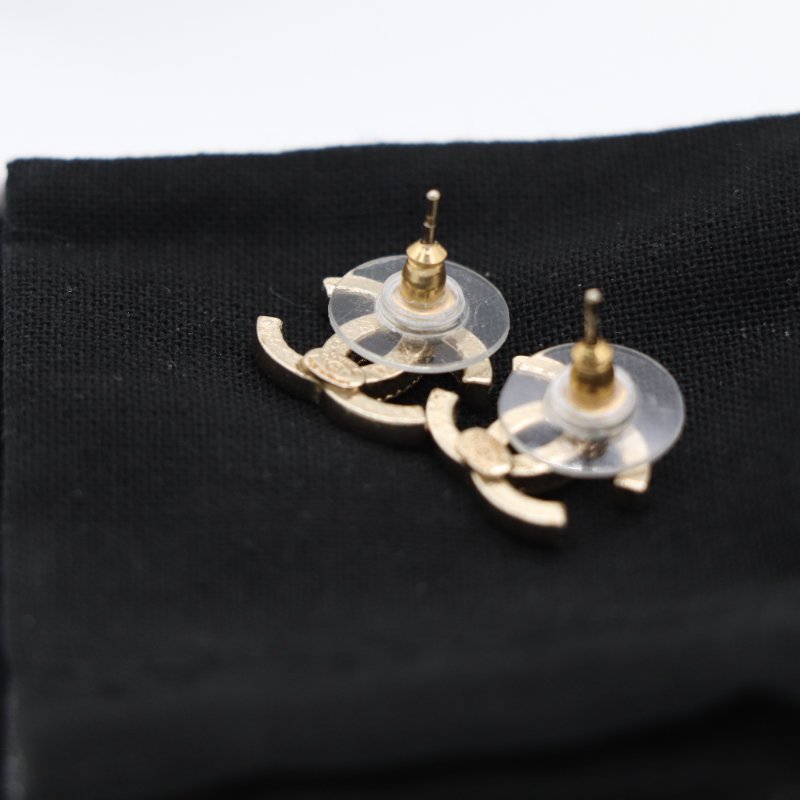 Chanel 香奈兒 經典 CC Logo 水鑽 淡金色 耳環-3