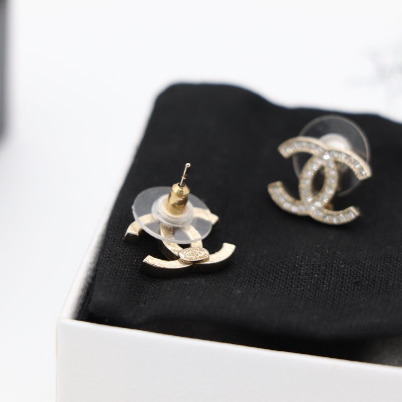 Chanel 香奈兒 經典 CC Logo 水鑽 淡金色 耳環-4