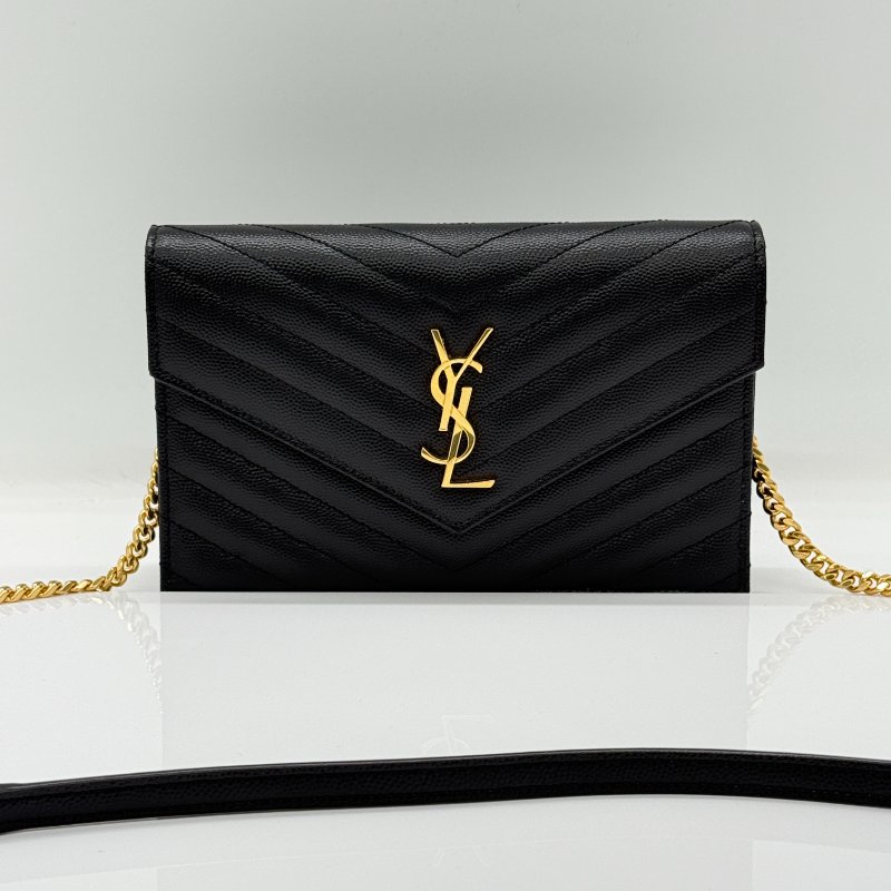 Saint Laurent 聖羅蘭 V 紋 黑色牛皮 金色 Logo 鏈條錢包 WOC |多卡位、手機、鈔票位-1