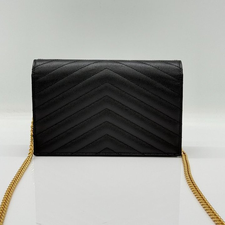 Saint Laurent 聖羅蘭 V 紋 黑色牛皮 金色 Logo 鏈條錢包 WOC |多卡位、手機、鈔票位-2