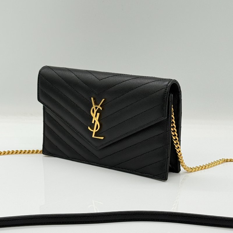 Saint Laurent 聖羅蘭 V 紋 黑色牛皮 金色 Logo 鏈條錢包 WOC |多卡位、手機、鈔票位-3