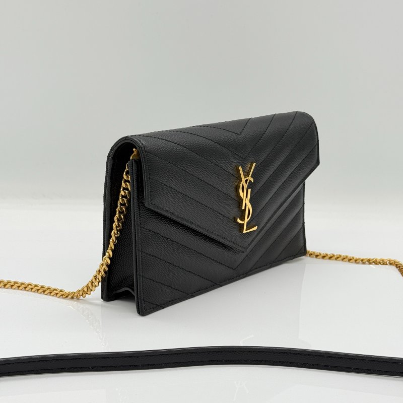 Saint Laurent 聖羅蘭 V 紋 黑色牛皮 金色 Logo 鏈條錢包 WOC |多卡位、手機、鈔票位-4