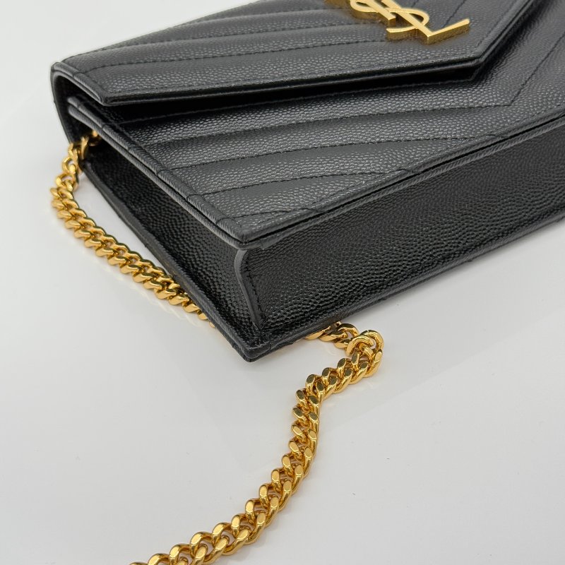 Saint Laurent 聖羅蘭 V 紋 黑色牛皮 金色 Logo 鏈條錢包 WOC |多卡位、手機、鈔票位-5