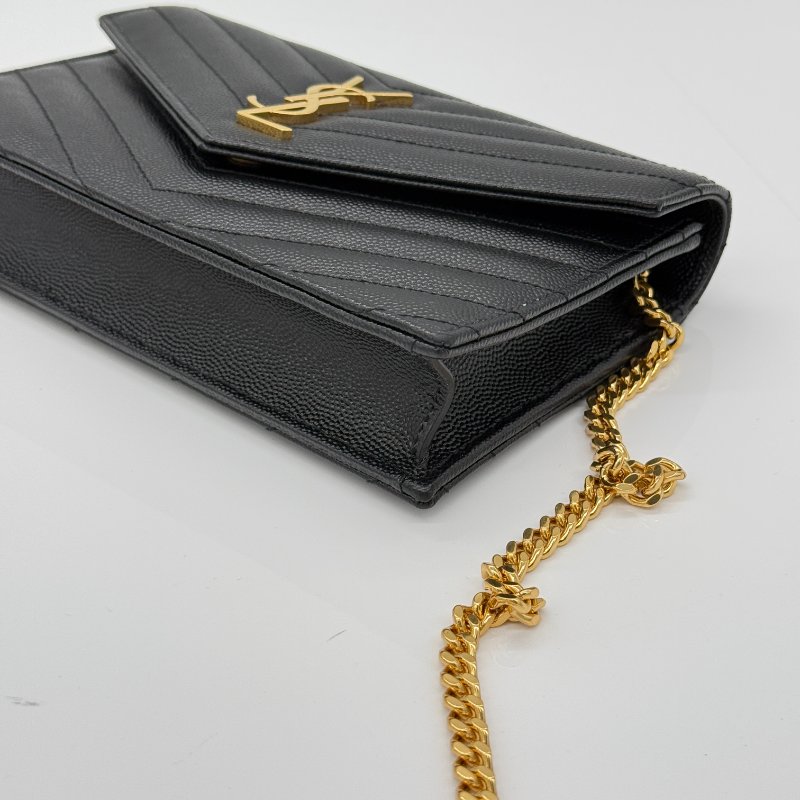 Saint Laurent 聖羅蘭 V 紋 黑色牛皮 金色 Logo 鏈條錢包 WOC |多卡位、手機、鈔票位-6