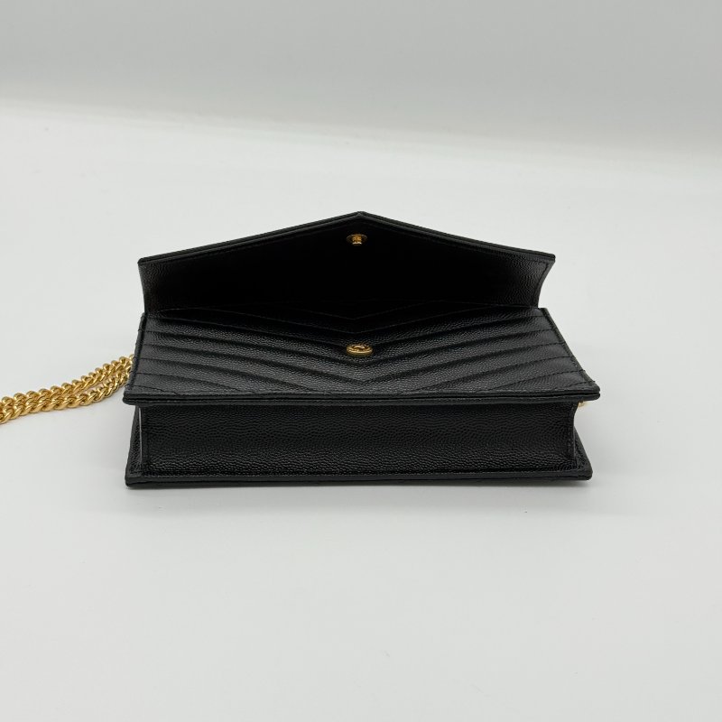 Saint Laurent 聖羅蘭 V 紋 黑色牛皮 金色 Logo 鏈條錢包 WOC |多卡位、手機、鈔票位-8