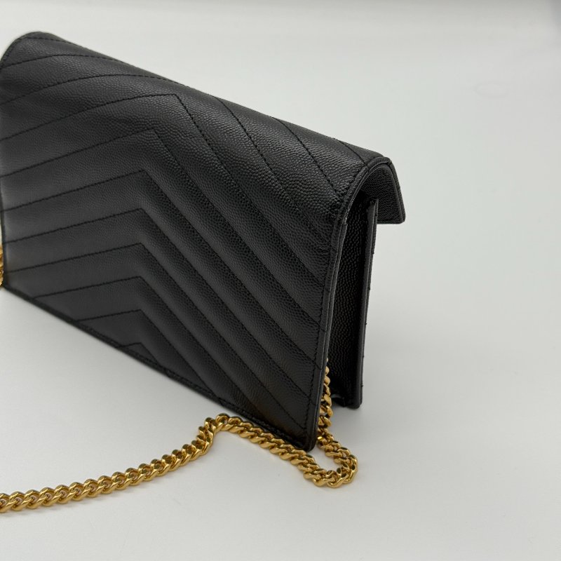 Saint Laurent 聖羅蘭 V 紋 黑色牛皮 金色 Logo 鏈條錢包 WOC |多卡位、手機、鈔票位-10