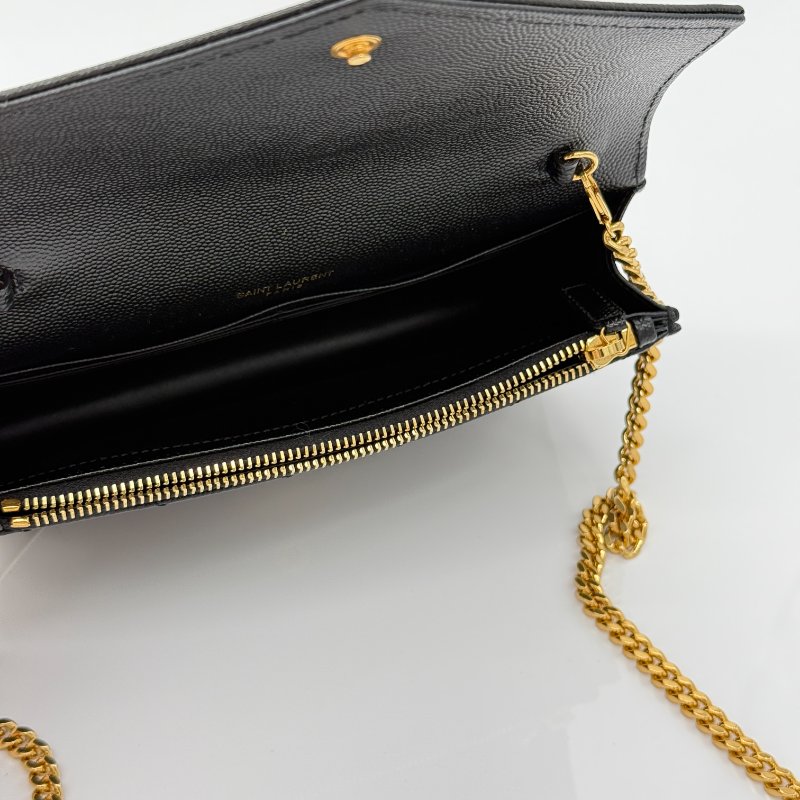 Saint Laurent 聖羅蘭 V 紋 黑色牛皮 金色 Logo 鏈條錢包 WOC |多卡位、手機、鈔票位-12