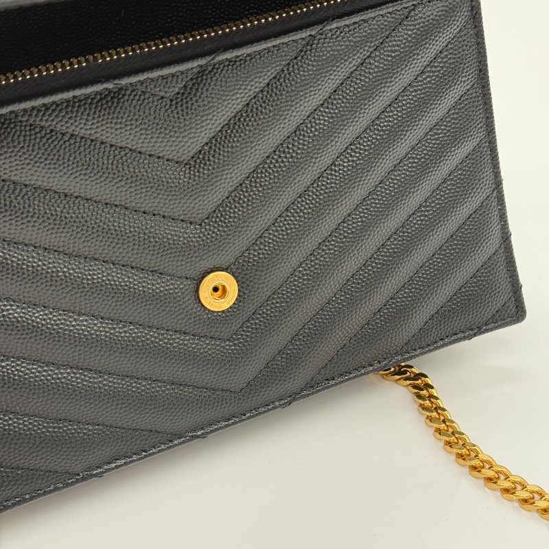 Saint Laurent 聖羅蘭 V 紋 黑色牛皮 金色 Logo 鏈條錢包 WOC |多卡位、手機、鈔票位-13