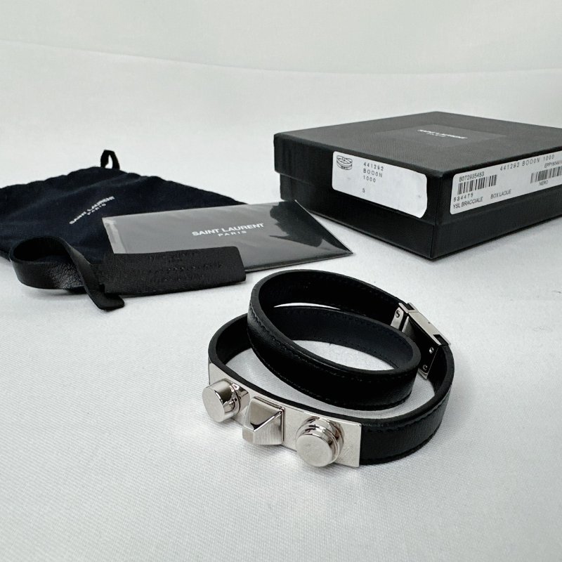 YSL 雙鉚釘黑色皮革手鍊-0