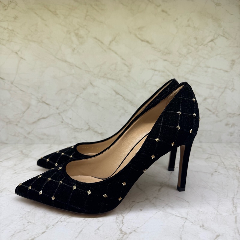 Valentino 菱格絨布鉚釘尖頭高跟鞋/黑-36-1