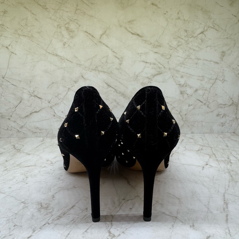Valentino 菱格絨布鉚釘尖頭高跟鞋/黑-36-2