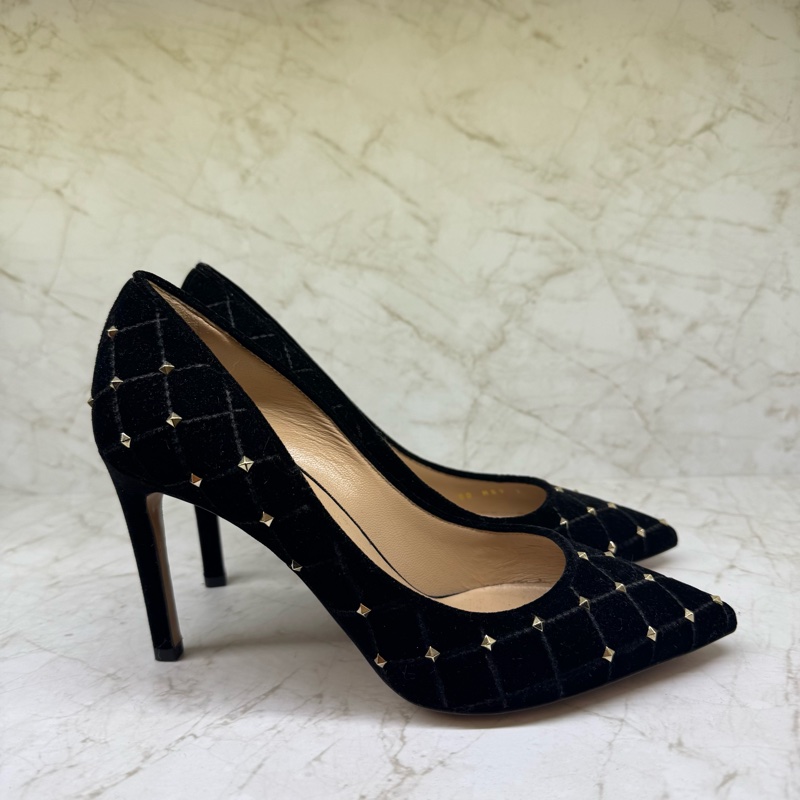 Valentino 菱格絨布鉚釘尖頭高跟鞋/黑-36-3