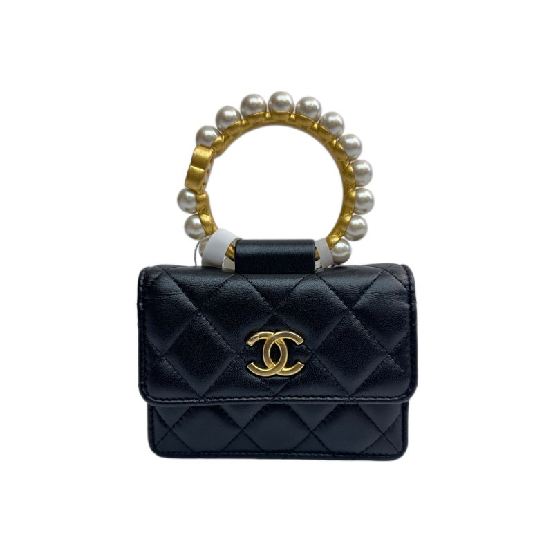 香奈兒經典斜背包,珍珠手柄,羊皮方形零錢包,小號-0