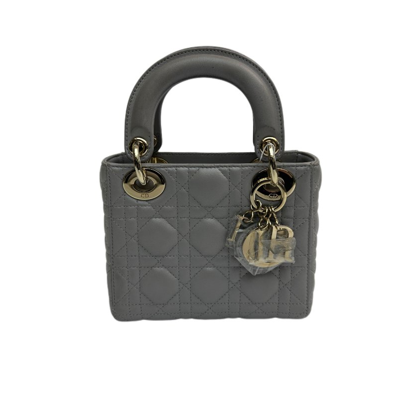 Dior Lady Mini - Cannage 羊皮珍珠灰手提包，配銀色五金配件和可調式肩帶。-0