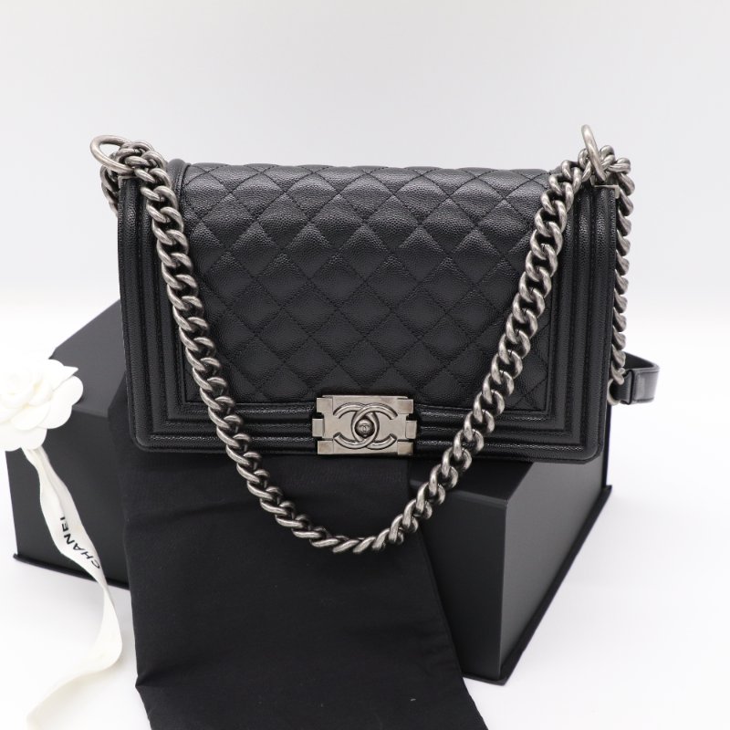 晶片款【近新閒置品🌟配件齊全♥️】Chanel 香奈兒 Leboy 中型 黑色 荔枝牛皮 復古銀扣 鏈條包 斜挎包 單肩包-0