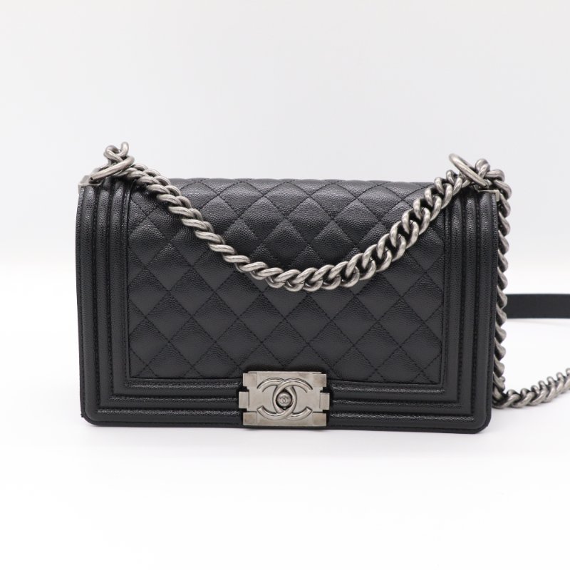 晶片款【近新閒置品🌟配件齊全♥️】Chanel 香奈兒 Leboy 中型 黑色 荔枝牛皮 復古銀扣 鏈條包 斜挎包 單肩包-1