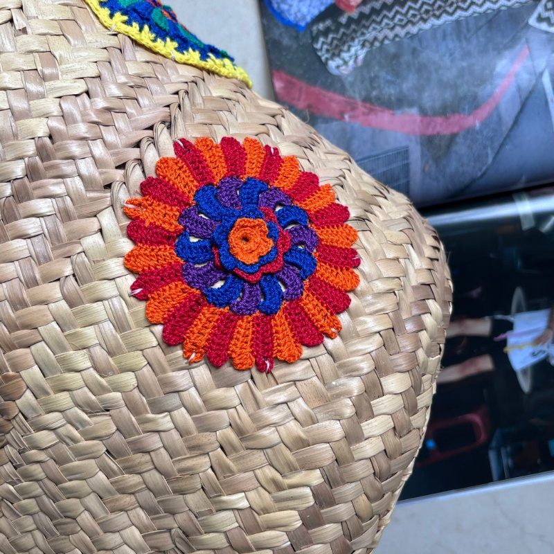 ::LOEWE:: 羅威 新款Basket 編織花朵毛線貼皮革拉菲草藤編 肩背包 托特包 手提包 沙灘包-2