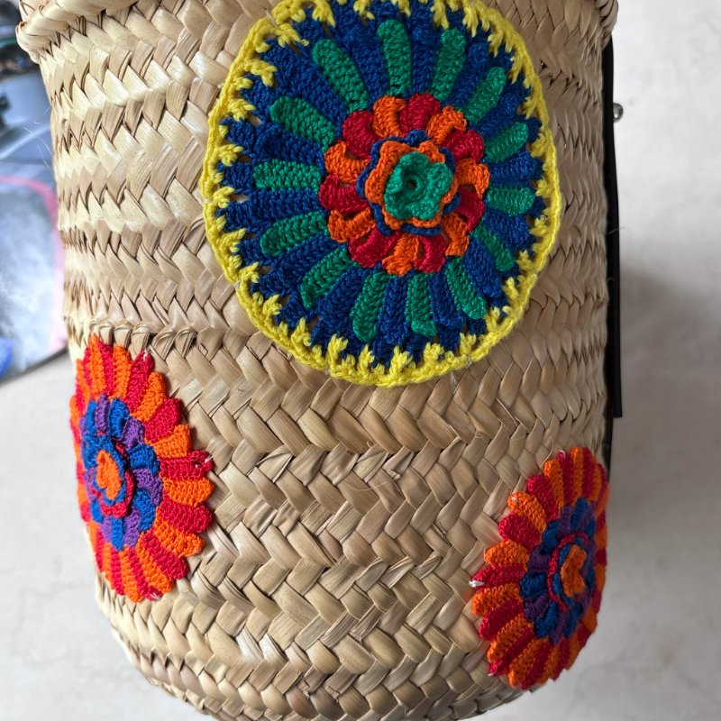 ::LOEWE:: 羅威 新款Basket 編織花朵毛線貼皮革拉菲草藤編 肩背包 托特包 手提包 沙灘包-3