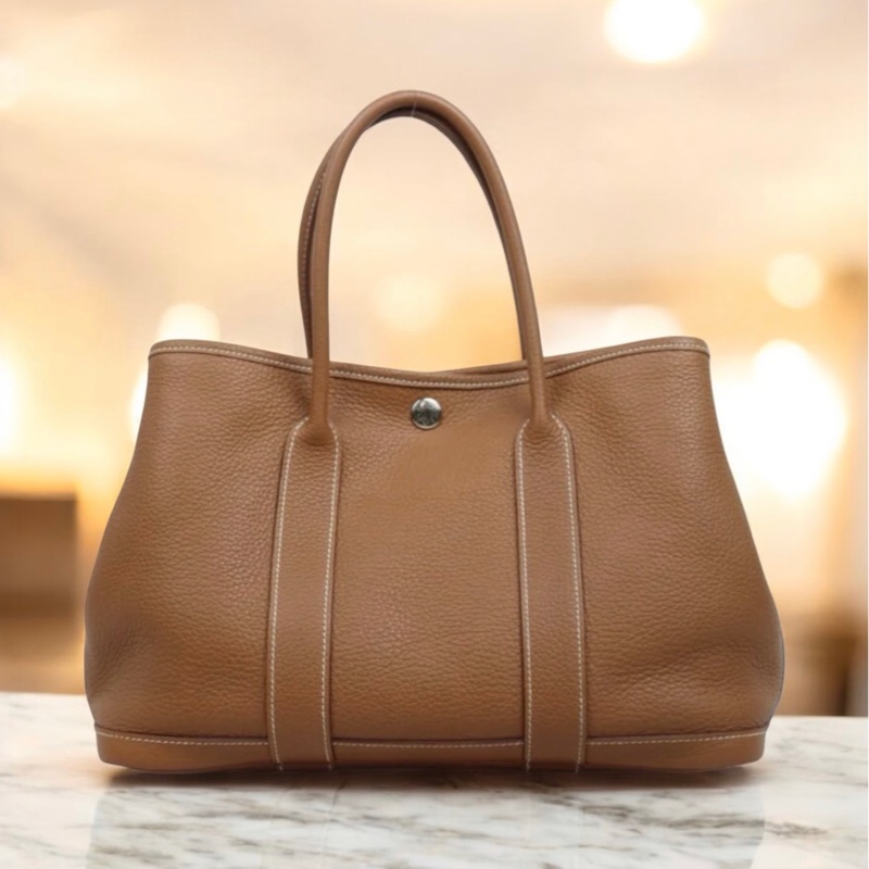 「JL精品代購」9新 Hermes 愛馬仕 garden 花園30 棕色銀扣-0