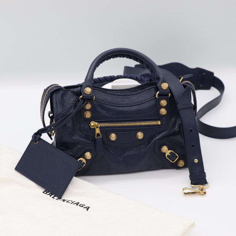 Balenciaga 巴黎世家 Classic Mini 深海藍 牛皮 淡金扣 Mini 機車包 手提包 斜挎包-0