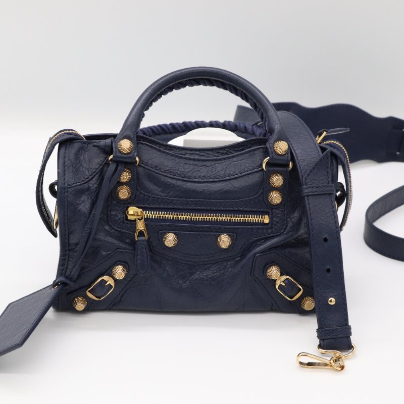 Balenciaga 巴黎世家 Classic Mini 深海藍 牛皮 淡金扣 Mini 機車包 手提包 斜挎包-1