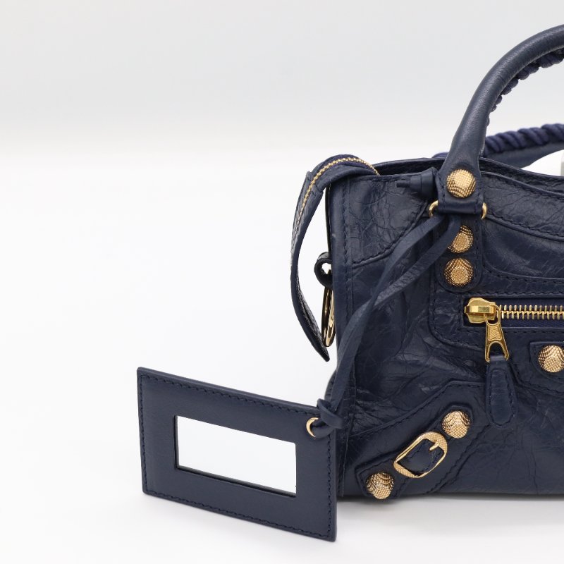 Balenciaga 巴黎世家 Classic Mini 深海藍 牛皮 淡金扣 Mini 機車包 手提包 斜挎包-6