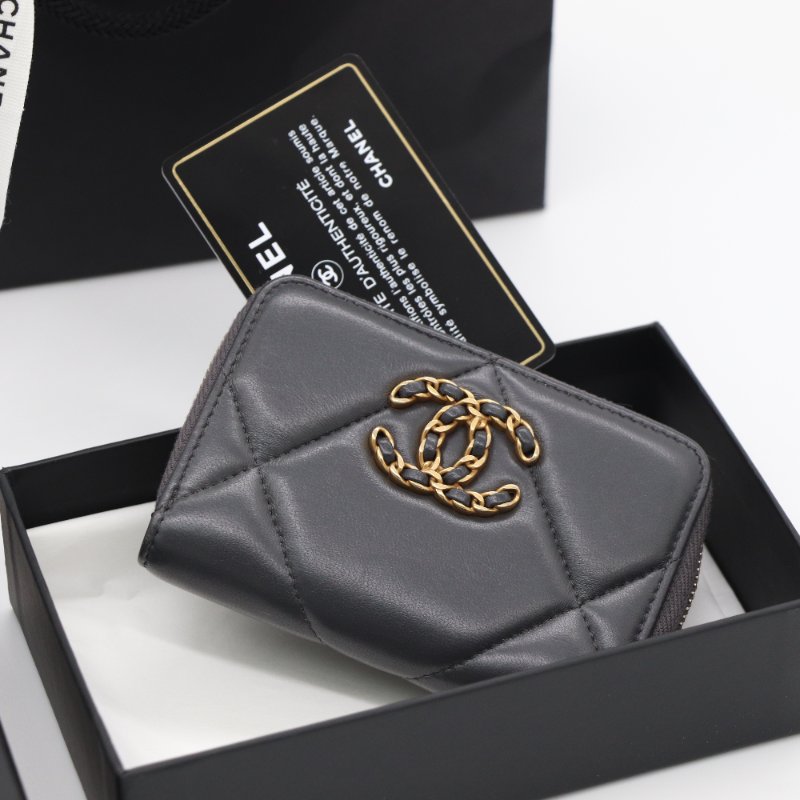 【超🌟級🌟新🌟】Chanel 香奈兒 19 系列 碳灰色 山羊皮 經典 CC 卡包 零錢包-6
