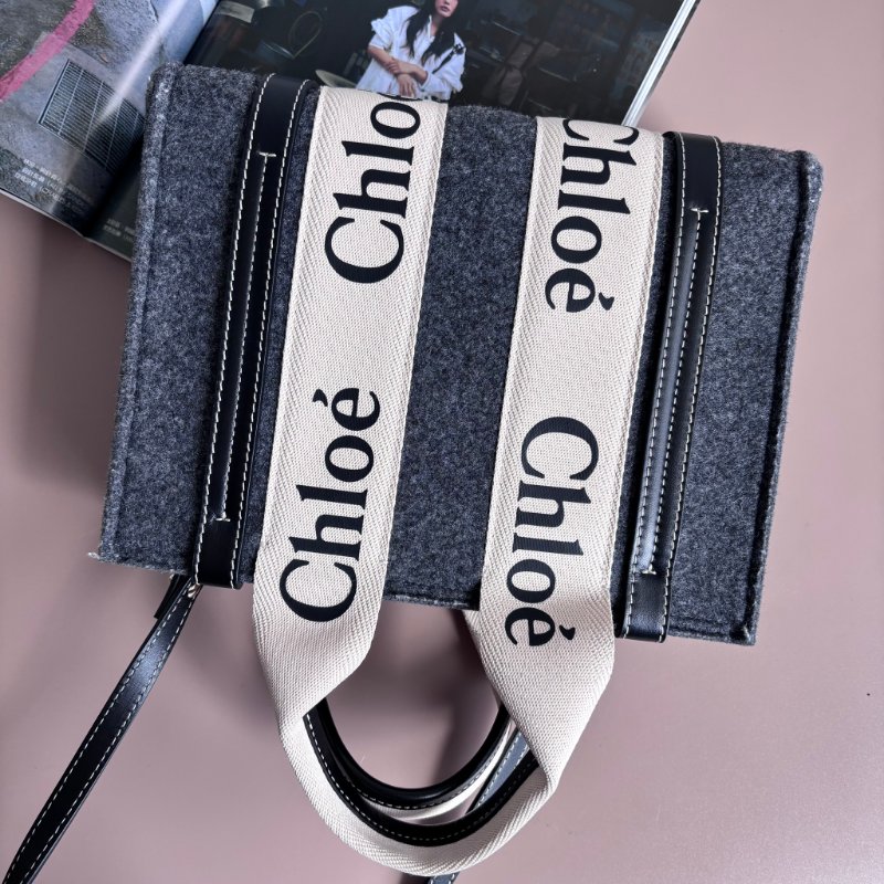 ::CHLOE:: Woody 深灰色 經典織帶絨毛冬季款小號 斜背 兩用托特包-1