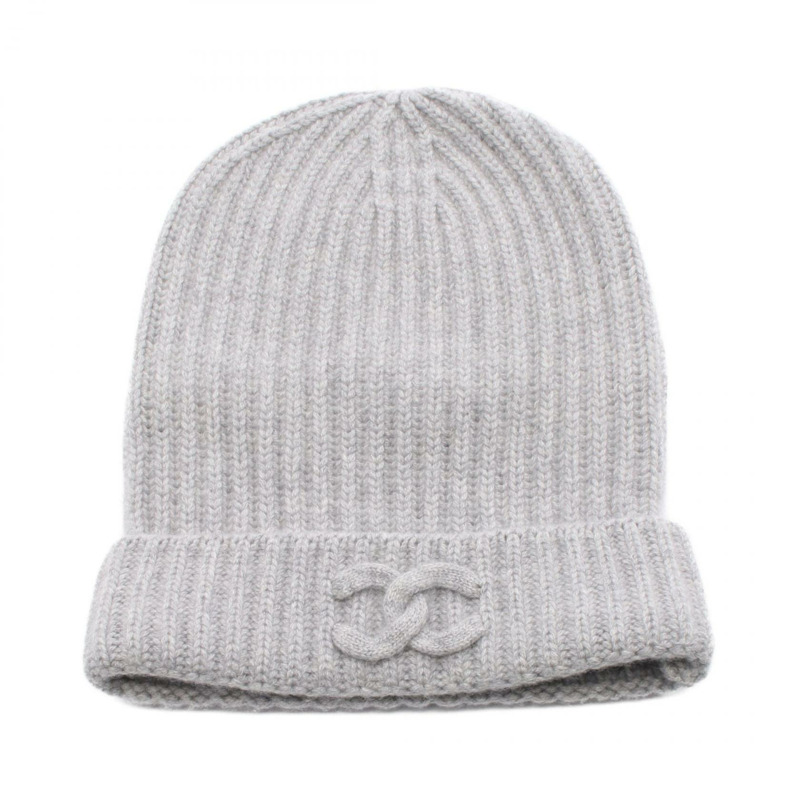 香奈兒 COCO 標誌針織帽 P54994 K07216 羊絨灰色 二手 男女通用-0