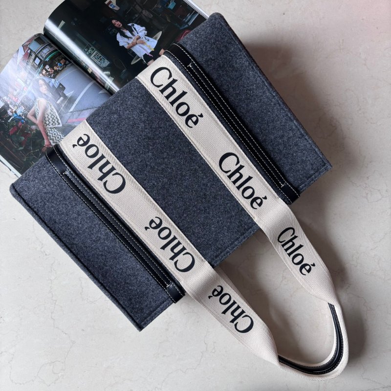 ::CHLOE:: Woody 深灰色 經典織帶絨毛冬季款大號 手提托特包-1