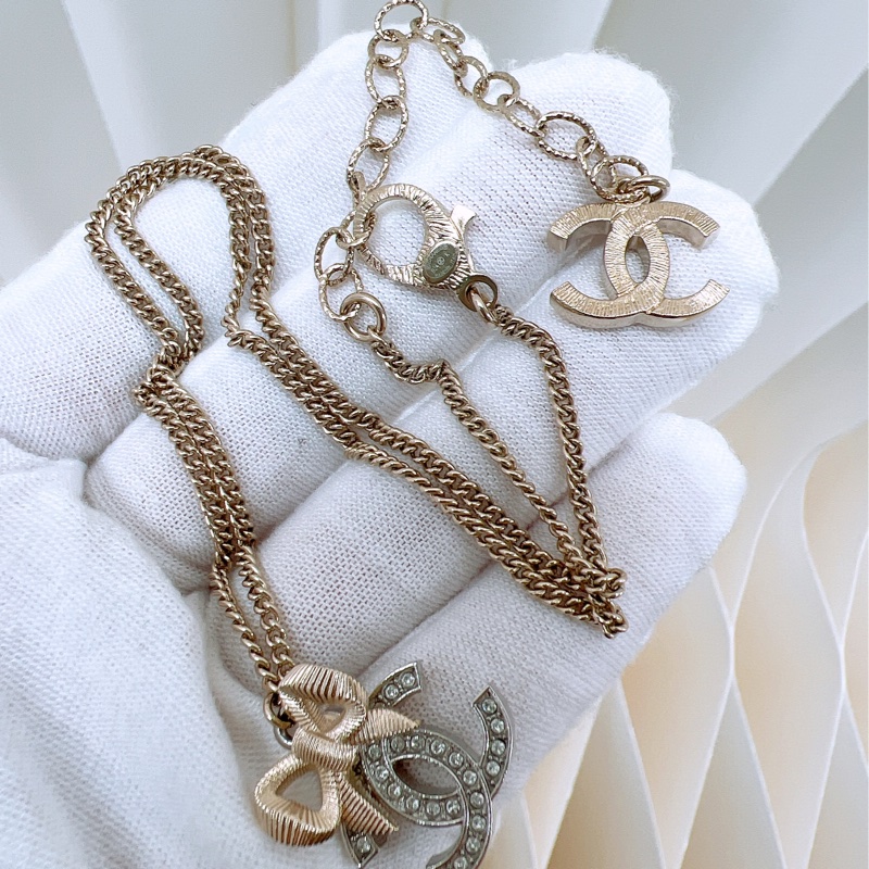 Chanel 24k 蝴蝶結雙c水鑽項鍊-3