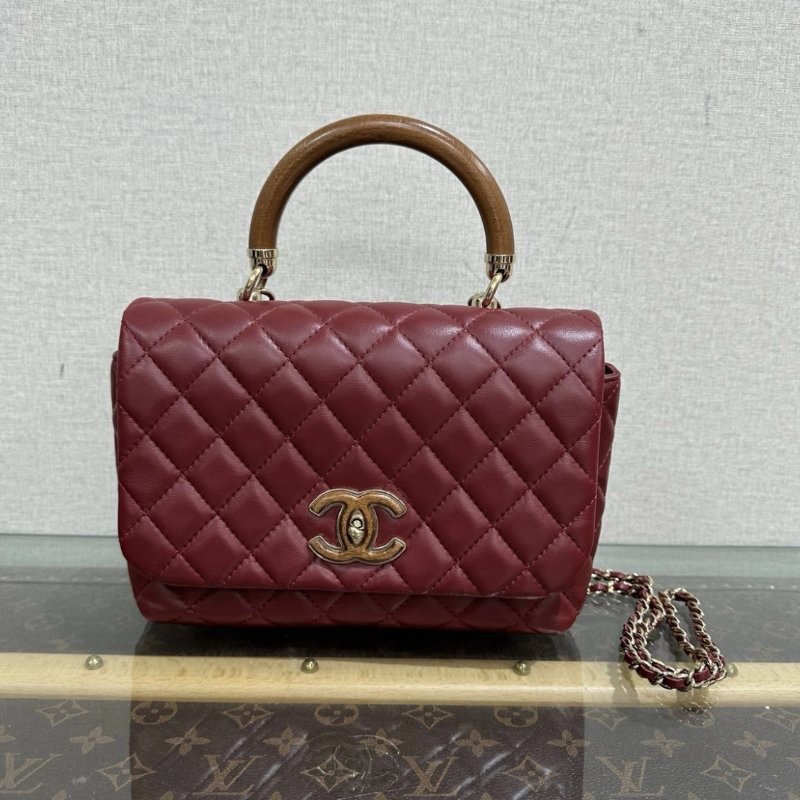 CHANEL 酒紅色木紋手柄方胖子手提包 22*7*15 99新配件塵袋-0