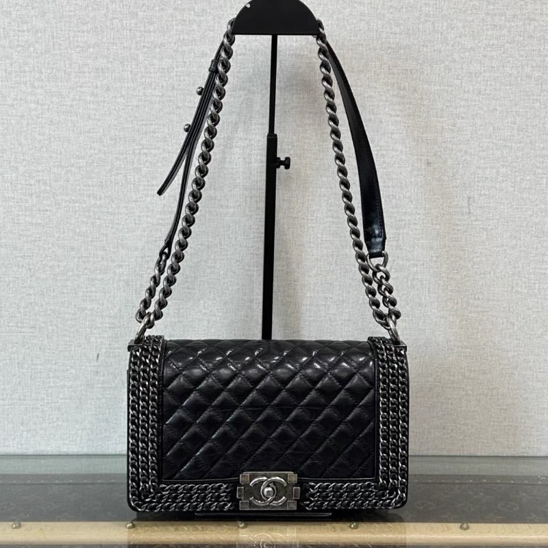 CHANEL 黑銀滾邊Leboy肩背斜背包 25*15*8 99新配件塵袋-0