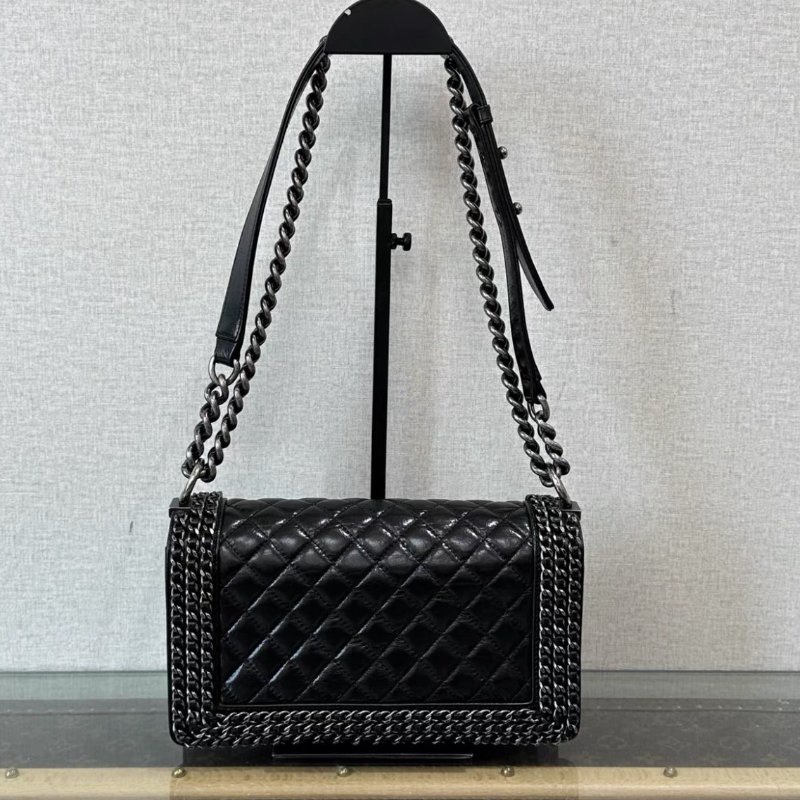 CHANEL 黑銀滾邊Leboy肩背斜背包 25*15*8 99新配件塵袋-5