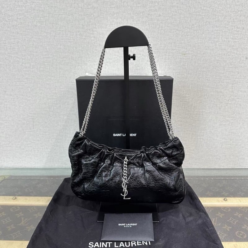 YSL黑銀油蠟皮手提肩背包 24*14 98新配件盒子塵袋-0