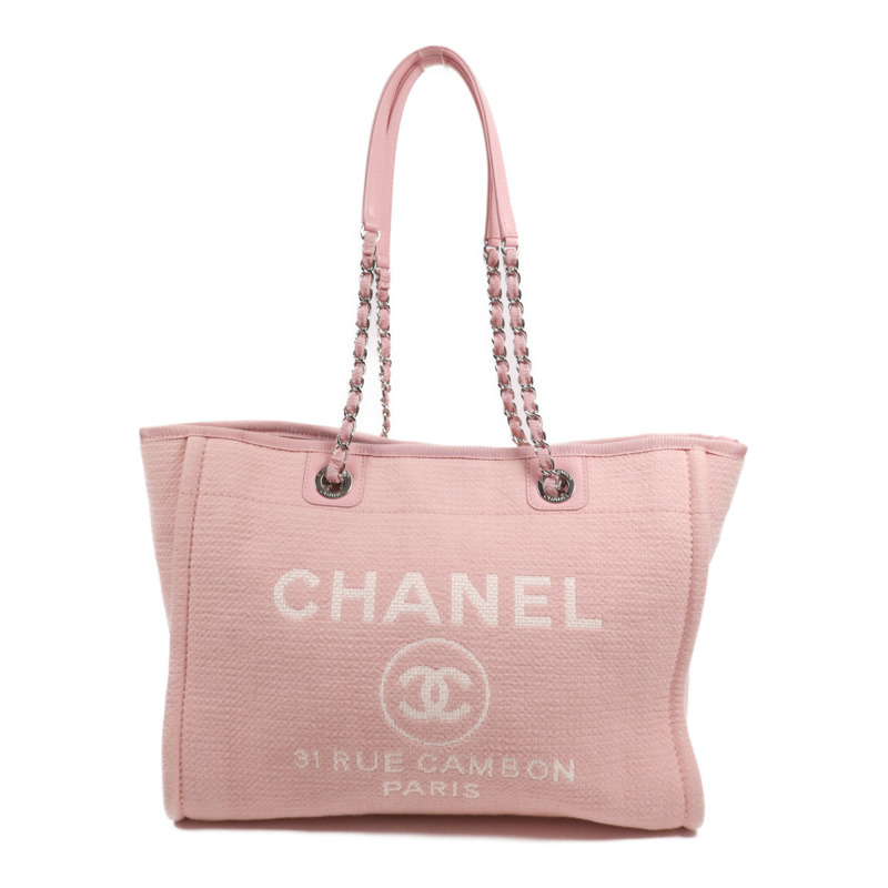 CHANEL 帆布Deauville Tote銀扣鏈帶肩背袋-0