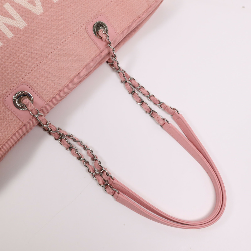 CHANEL 帆布Deauville Tote銀扣鏈帶肩背袋-6
