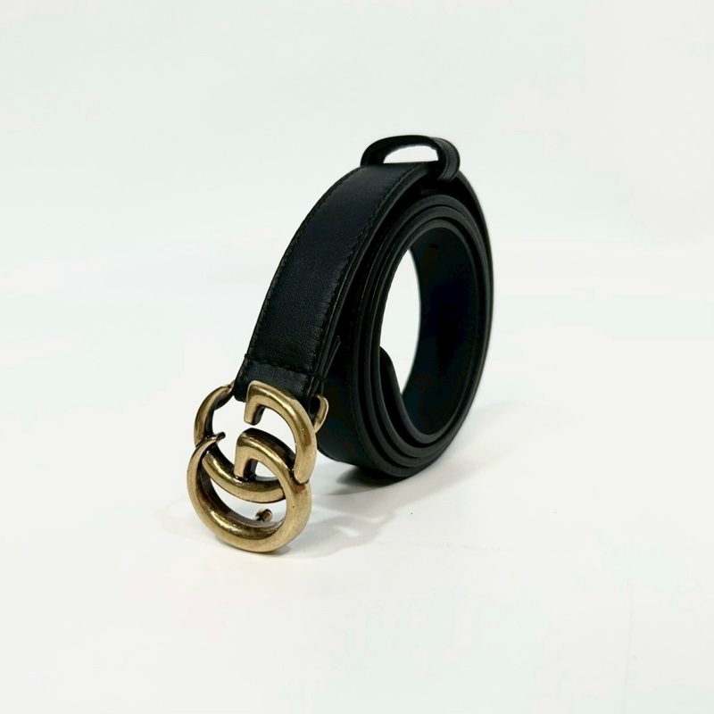 Gucci黑色牛皮復古金GG logo皮帶409417-0