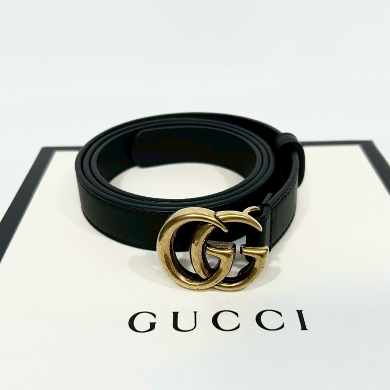 Gucci黑色牛皮復古金GG logo皮帶409417-1