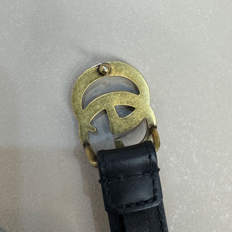 Gucci黑色牛皮復古金GG logo皮帶409417-7